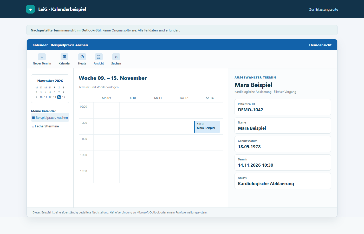 Fiktiver Kalender mit Patiententermin