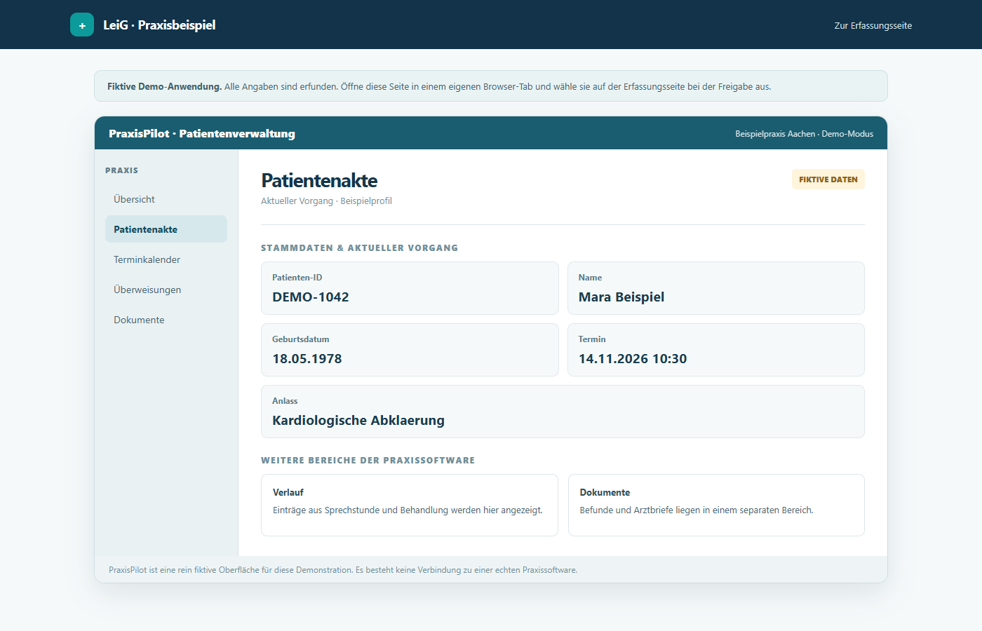 Fiktive Praxissoftware mit geöffneter Patientenakte