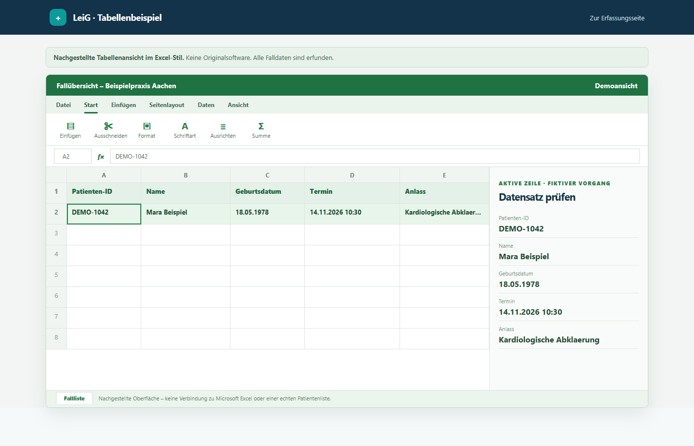 Fiktive Tabelle mit einem Patientenvorgang